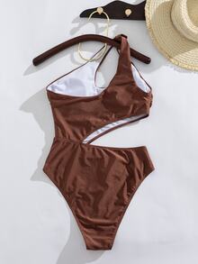 Swim Chiccia 成熟優雅度假旅行風深褐色珍珠光澤面料單肩扭轉不對稱鏤空設計貝殼金屬扣飾一件式泳衣 成熟優雅風格夏季度假海灘旅行慵懶氛圍青春感放鬆優雅小眾出片海灘穿搭溫柔慵懶氛圍高級感慵懶度假風成熟優雅優雅海灘穿搭溫柔氛圍 - 棕色 - 查看 6