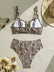 Swim Chiccia 2026春夏棕色粗肩带可调节后背金色U型装饰高腰荷叶边设计女士优雅比基尼泳装两件套 - 彩色 - 查看 3