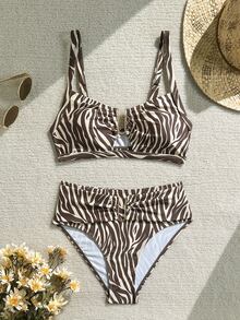 Swim Chiccia 2026春夏棕色粗肩带可调节后背金色U型装饰高腰荷叶边设计女士优雅比基尼泳装两件套 - 彩色 - 查看 2