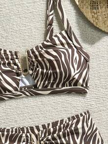 Swim Chiccia 2026春夏棕色粗肩带可调节后背金色U型装饰高腰荷叶边设计女士优雅比基尼泳装两件套 - 彩色 - 查看 4