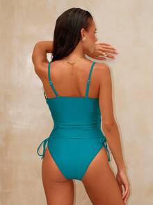 Swim Chiccia Women's Teal Summer Casual Holiday Vacation Beaded Spaghetti Strap Ruffled Cup Drawstring Backless Elegant Retro Camisole Bikini Two Pieces Set - Teal Blue - View 2
