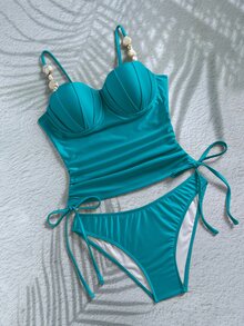 Swim Chiccia Women's Teal Summer Casual Holiday Vacation Beaded Spaghetti Strap Ruffled Cup Drawstring Backless Elegant Retro Camisole Bikini Two Pieces Set - Teal Blue - View 3