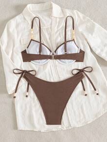 Swim Chiccia 2pcs/Set Women's Solid Color Brown Underwire Top & Tie Side Bottom Bikini Set For Summer Beach Vacation - Coffee Brown - View 4