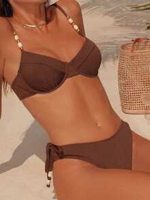 Swim Chiccia 2pcs/Set Women's Solid Color Brown Underwire Top & Tie Side Bottom Bikini Set For Summer Beach Vacation - Coffee Brown - View 5