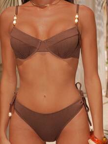 Swim Chiccia 2pcs/Set Women's Solid Color Brown Underwire Top & Tie Side Bottom Bikini Set For Summer Beach Vacation - Coffee Brown - View 6