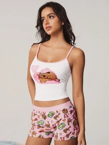 SCOOBY-DOO X SHEIN Women's Cartoon Print Camisole And Shorts Pajama Set - Baby Pink - View 4