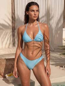 SHEIN Swim 女款掛脖式純色比基尼上衣，適合度假與海灘 - 藍色 - 查看 5