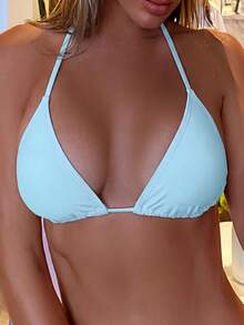 SHEIN Swim 女款掛脖式純色比基尼上衣，適合度假與海灘 - 藍色 - 查看 6