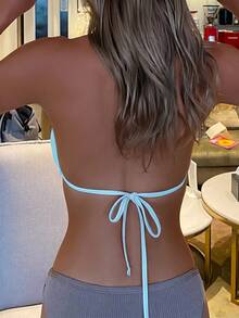 SHEIN Swim 女款掛脖式純色比基尼上衣，適合度假與海灘 - 藍色 - 查看 7