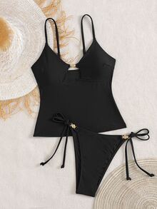Swim Chiccia 女士海滩夏季音乐节细肩带金属饰品打结丁字裤成熟度假风格比基尼套装 - 黑色 - 查看 9