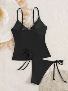 Swim Chiccia 女士海滩夏季音乐节细肩带金属饰品打结丁字裤成熟度假风格比基尼套装 - 黑色 - 查看 6