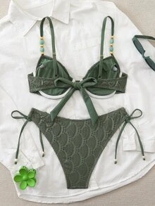 Swim Chiccia 女款綠色夏季波希米亞風比基尼套裝，2件式墊肩鋼圈泳衣，飾有珠飾，紋理布料側綁帶泳衣，適合度假、假期、海灘、島嶼 - 彩色 - 查看 2