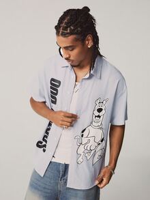 SCOOBY-DOO X SHEIN Men's Striped Short Sleeve Single-Breasted Shirt - Light Grey - View 3