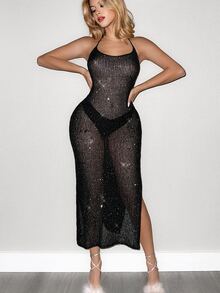 SHEIN ICON Women's Halter Neck Backless Sweater Dress - Black - View 3