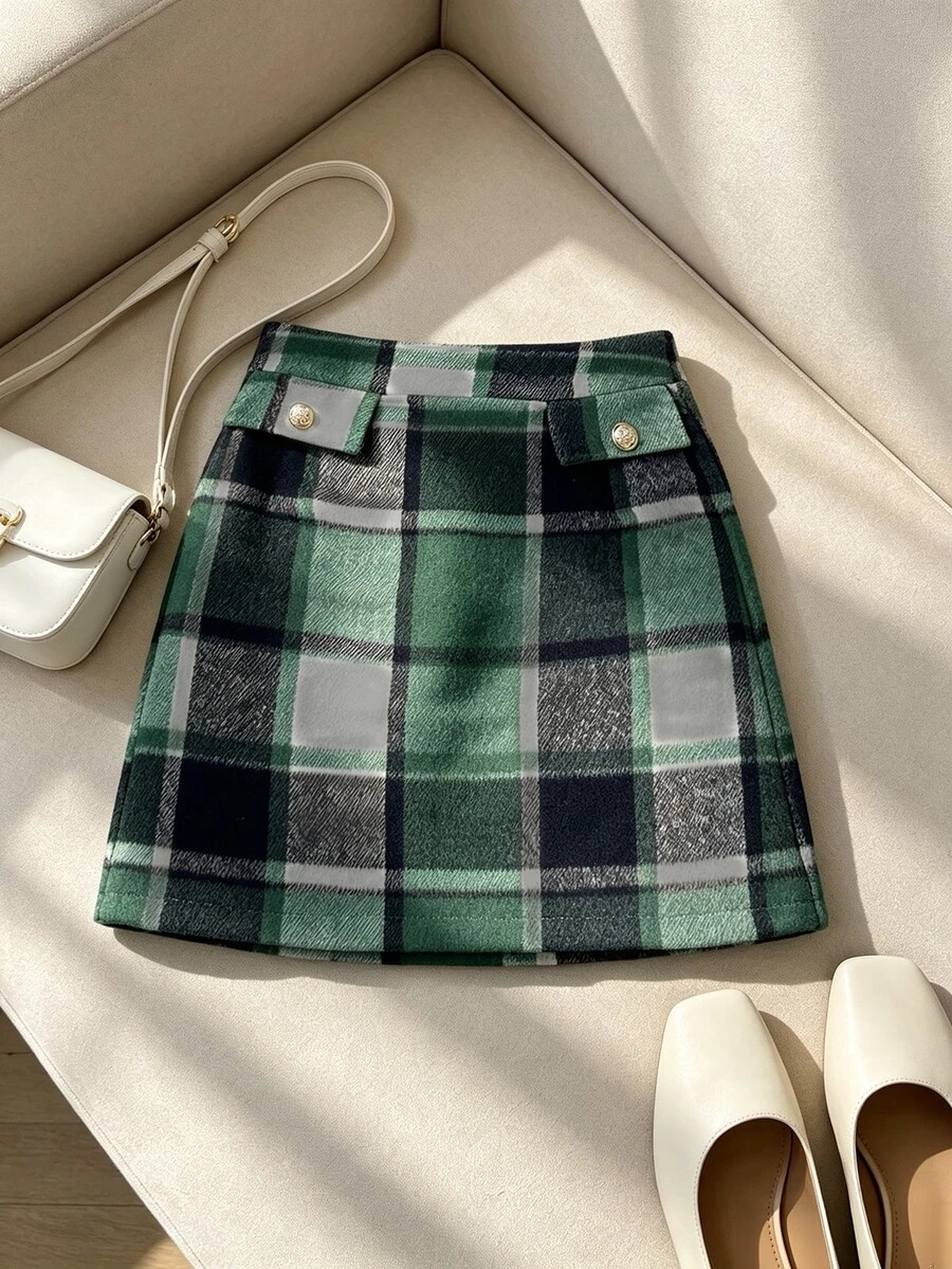 SHEIN Franclia 女款高腰鈕扣設計格紋優雅學院風復古裙，適合聖誕早午餐、校園、秋季穿搭 - 彩色 - 查看 1