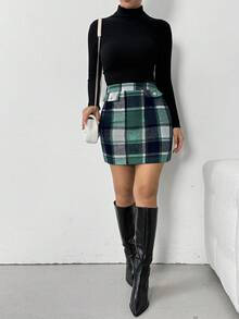 SHEIN Franclia 女款高腰鈕扣設計格紋優雅學院風復古裙，適合聖誕早午餐、校園、秋季穿搭 - 彩色 - 查看 5