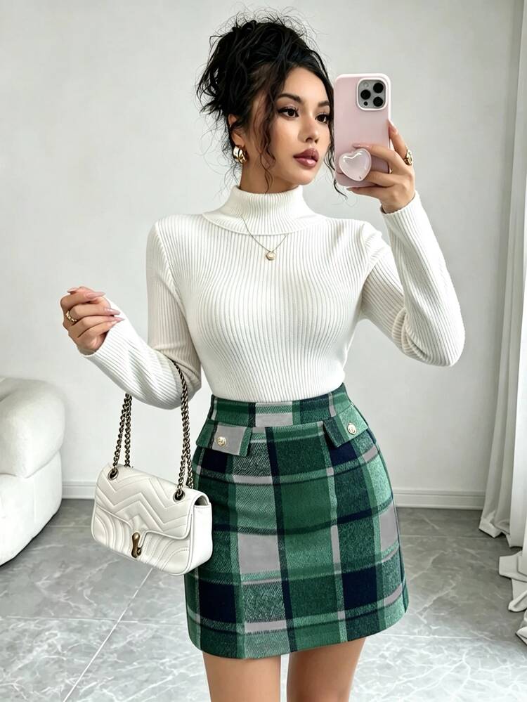 SHEIN Franclia Women's High Waist Button Design Plaid Elegant Preppy Vintage Skirt Christmas Brunch School Fall - Multicolor - View 4
