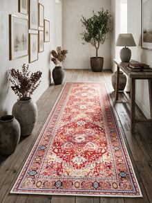 Pinkie Home - 1pc Vintage Persian-Floral & Stripted Bohemian Area Rug/Carpet/Bath Mat, Suitable For Bathroom, Kitchen, Entryway, Hallway, Bedside, Living Room, Bedroom, Machine Washable Rug, Home Decor - Red - View 10