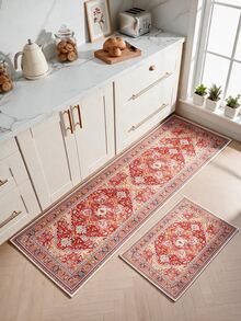 Pinkie Home - 1pc Vintage Persian-Floral & Stripted Bohemian Area Rug/Carpet/Bath Mat, Suitable For Bathroom, Kitchen, Entryway, Hallway, Bedside, Living Room, Bedroom, Machine Washable Rug, Home Decor - Red - View 9