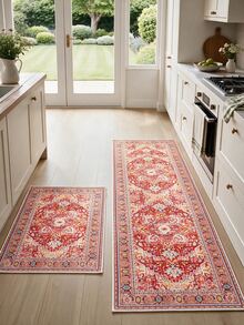 Pinkie Home - 1pc Vintage Persian-Floral & Stripted Bohemian Area Rug/Carpet/Bath Mat, Suitable For Bathroom, Kitchen, Entryway, Hallway, Bedside, Living Room, Bedroom, Machine Washable Rug, Home Decor - Red - View 8