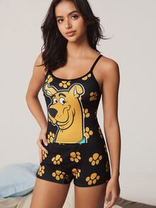 SCOOBY-DOO X SHEIN Cartoon Print Camisole & Boyshort Panty Set - Black - View 3