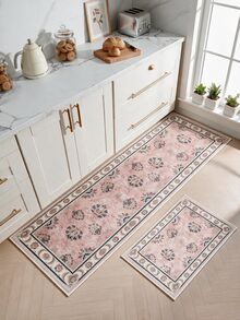 Pinkie Home - 1pc Vintage Persian-Floral & Stripted Bohemian Area Rug/Carpet/Bath Mat, Suitable For Bathroom, Kitchen, Entryway, Hallway, Bedside, Living Room, Bedroom, Machine Washable Rug, Home Decor - Pink - View 9