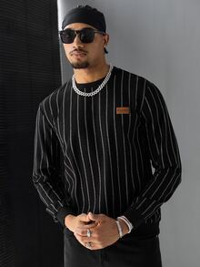 SLATEMANN Men's Striped Contrast Color Denim Long Sleeve Crew Neck Pullover Sweatshirt Going Out Beach Black And White Striped Autumn Streetwear - Black - View 3