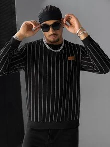SLATEMANN Men's Striped Contrast Color Denim Long Sleeve Crew Neck Pullover Sweatshirt Going Out Beach Black And White Striped Autumn Streetwear - Black - View 5