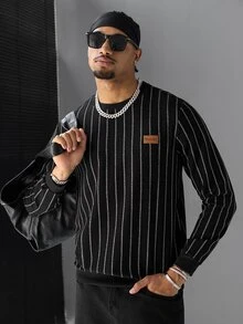 SLATEMANN Men's Striped Contrast Color Denim Long Sleeve Crew Neck Pullover Sweatshirt Going Out Beach Black And White Striped Autumn Streetwear - Black - View 1