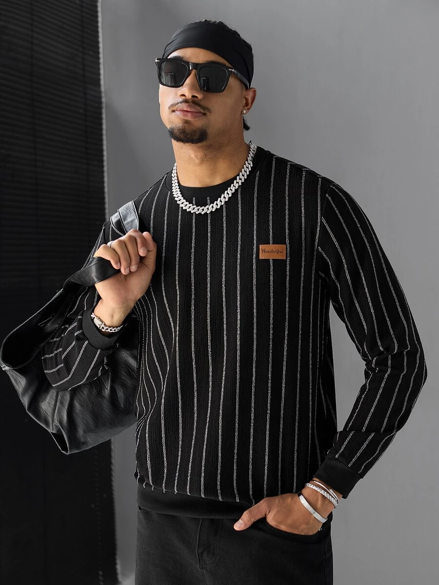 SLATEMANN Men's Striped Contrast Color Denim Long Sleeve Crew Neck Pullover Sweatshirt Going Out Beach Black And White Striped Autumn Streetwear - Black - View 1