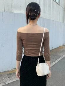 DAZY Women's Solid Off Shoulder Form-Fitting Short Sleeve Black T-Shirt, Spring/Summer Going Out Tops - Coffee Brown - View 7