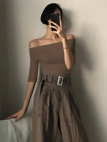 DAZY Women's Solid Off Shoulder Form-Fitting Short Sleeve Black T-Shirt, Spring/Summer Going Out Tops - Coffee Brown - View 3