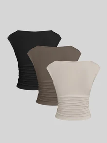 Sweetra 3pcs/Set Sexy Cut-Out Back Breathable Moisture Wicking Fitted Short Sleeve Women Top/Tee Set - Multicolor - View 2