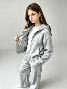 SHEIN ChillGRL 青少年女孩拉鍊連帽外套、細肩帶上衣、寬腿褲休閒街頭風套裝，適合假期正式場合，灰色，秋季 - 灰色 - 查看 3