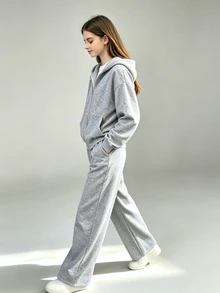 SHEIN ChillGRL 青少年女孩拉鍊連帽外套、細肩帶上衣、寬腿褲休閒街頭風套裝，適合假期正式場合，灰色，秋季 - 灰色 - 查看 5