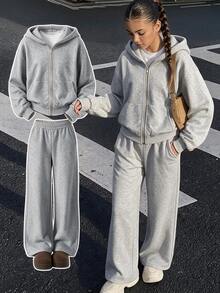 SHEIN ChillGRL 青少年女孩拉鍊連帽外套、細肩帶上衣、寬腿褲休閒街頭風套裝，適合假期正式場合，灰色，秋季 - 灰色 - 查看 1