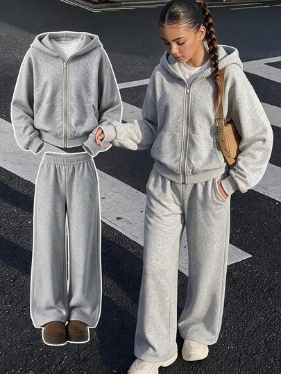 SHEIN ChillGRL Teen Girls Zip-Up Hoodie, Camisole Top Wide Leg Pants Casual Junior Streetwear Outfit Holiday Formal Grey Fall Sixth Form