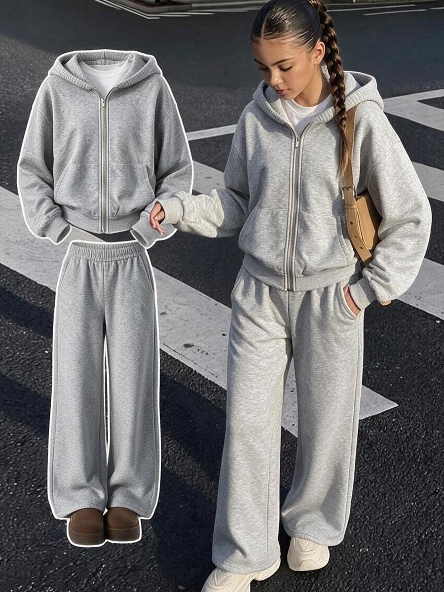 SHEIN ChillGRL 青少年女孩拉鍊連帽外套、細肩帶上衣、寬腿褲休閒街頭風套裝,適合假期正式場合,灰色,秋季 - 灰色 - 查看 1