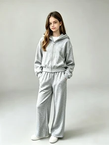 SHEIN ChillGRL 青少年女孩拉鍊連帽外套、細肩帶上衣、寬腿褲休閒街頭風套裝，適合假期正式場合，灰色，秋季 - 灰色 - 查看 6