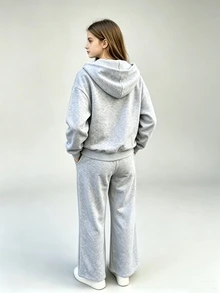 SHEIN ChillGRL 青少年女孩拉鍊連帽外套、細肩帶上衣、寬腿褲休閒街頭風套裝，適合假期正式場合，灰色，秋季 - 灰色 - 查看 2