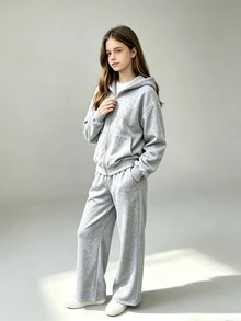 SHEIN ChillGRL 青少年女孩拉鍊連帽外套、細肩帶上衣、寬腿褲休閒街頭風套裝，適合假期正式場合，灰色，秋季 - 灰色 - 查看 7