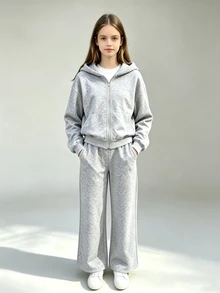 SHEIN ChillGRL 青少年女孩拉鍊連帽外套、細肩帶上衣、寬腿褲休閒街頭風套裝，適合假期正式場合，灰色，秋季 - 灰色 - 查看 4