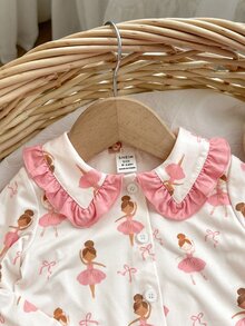 SHEIN 女嬰卡通印花荷葉袖上衣與長褲家居服套裝 - 米色 - 查看 4