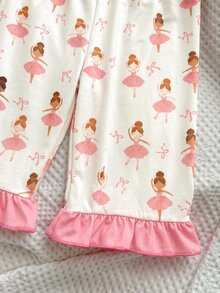 SHEIN 女嬰卡通印花荷葉袖上衣與長褲家居服套裝 - 米色 - 查看 6