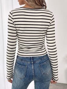 SHEIN LUNE Women's Apricot Black & White Striped Ruched Long Sleeve T-Shirt, Suitable For Autumn/Winter Layering - Multicolor - View 2