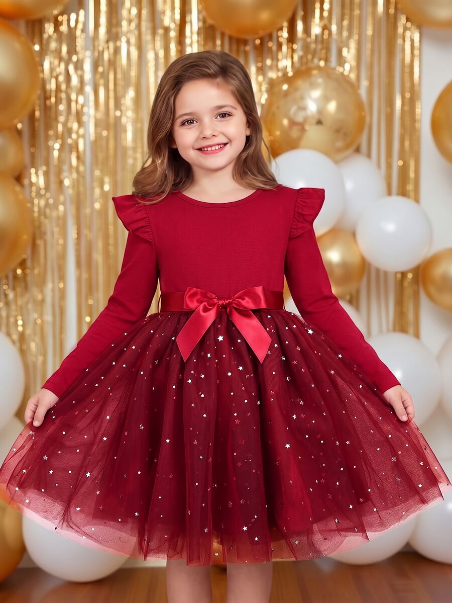 SHEIN Young Girl Knit Solid Color Round Neck Ruffle Trim Mesh Patchwork Casual Dress,Christmas,New Fall Styles - Red - View 1