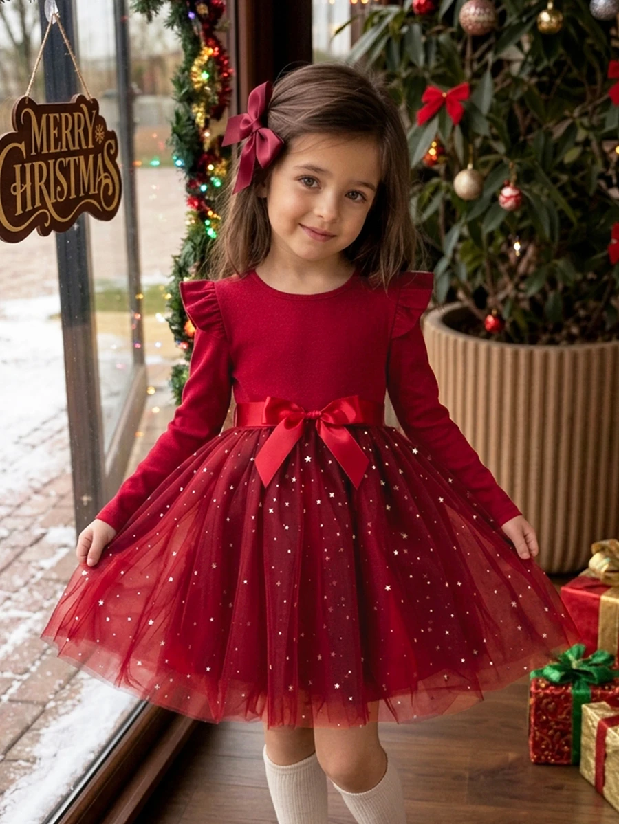 SHEIN Young Girl Knit Solid Color Round Neck Ruffle Trim Mesh Patchwork Casual Dress,Christmas,New Fall Styles - Red - View 1