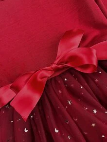 SHEIN Young Girl Knit Solid Color Round Neck Ruffle Trim Mesh Patchwork Casual Dress,Christmas,New Fall Styles - Red - View 4