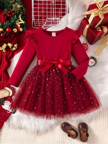 SHEIN Young Girl Knit Solid Color Round Neck Ruffle Trim Mesh Patchwork Casual Dress,Christmas,New Fall Styles - Red - View 2