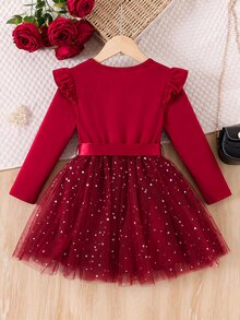 SHEIN Young Girl Knit Solid Color Round Neck Ruffle Trim Mesh Patchwork Casual Dress,Christmas,New Fall Styles - Red - View 3